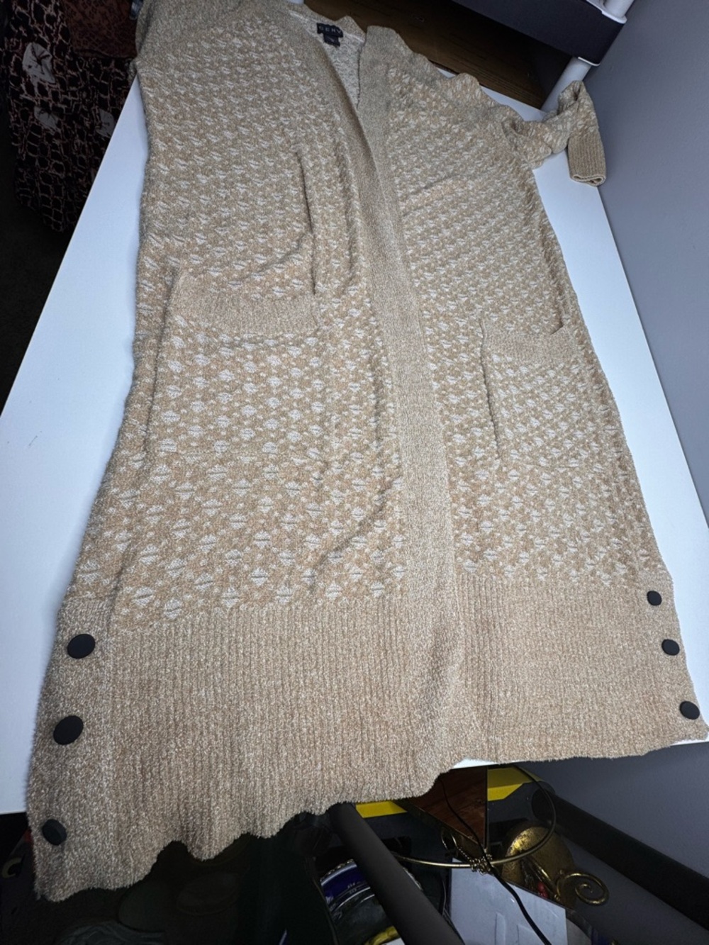 Ceny Open Front Textured Cardigan Sweater – Beige Neutral Cozy Chic Size M - Picture 9 of 9